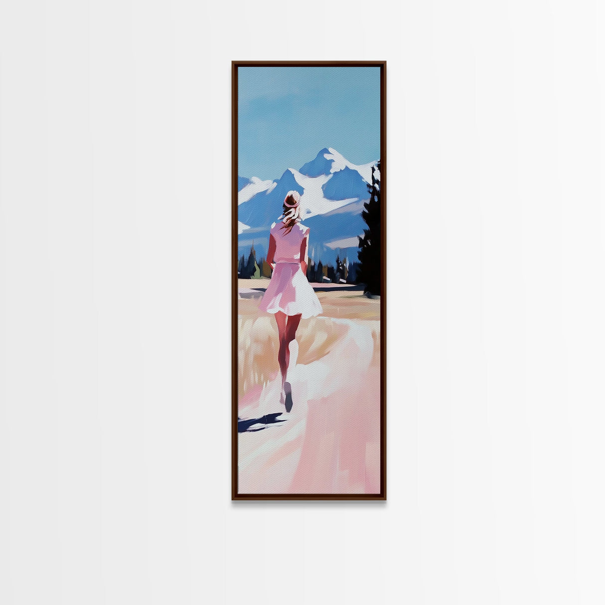 Mountain Runner, Pink Dress, Scenic Landscape Art, Framed Canvas Print, Minimalist Wall Art, Nature Lover, Bedroom Wall Art