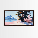 Mountain Landscape, Tranquil Lake Scene, Serene Nature Painting, Minimalist Home Decor, Rustic Wilderness Art, Framed Canvas Print
