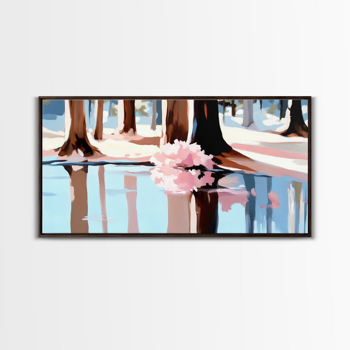 Reflection, Pink Trees, Winter, Framed Canvas Print, Modern Nature Art, Minimalist Wall Art, Cozy Home Decor, Fall Living Room Art