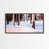 Winter Forest, Snowy, Tall Trees, Framed Canvas Print, Christmas Home Decor, Cozy Winter Art, Modern Minimalist Wall Art, Holiday Aesthetic
