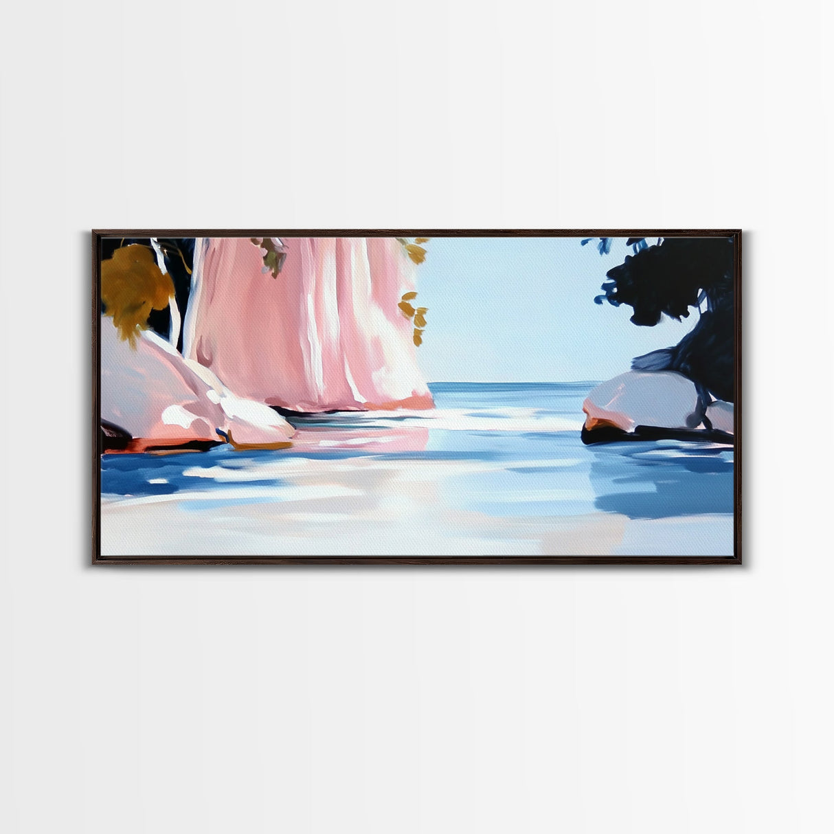 Pink Waterfall, Abstract Landscape, Minimalist Art, Coastal Wall Decor, Living Room Art, Framed Canvas Print, Nature-Inspired Home Art