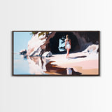 Girl In Cave, Coastal Landscape, Minimalist Art, Seascape Wall Decor, Bedroom Wall Art, Framed Canvas Print, Beach Inspired Home Decor