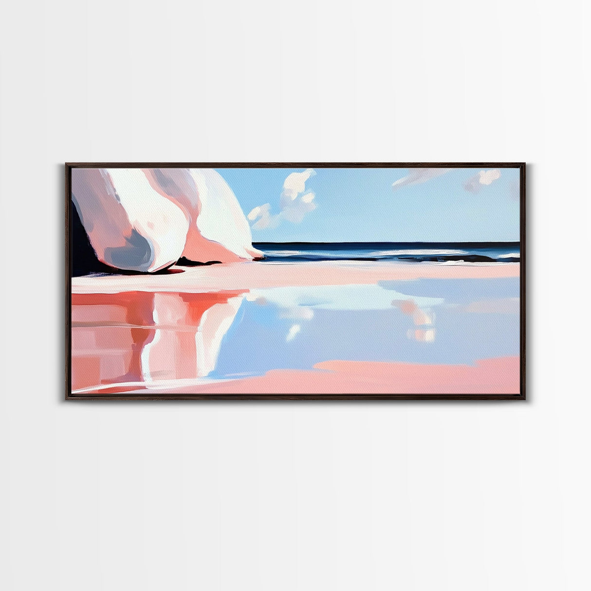 Pink Waves, Coastal Reflection, Ocean Art, Seascape Wall Decor, Bedroom Wall Art, Framed Canvas Print, Minimalist Beach Scene, Soft Pastels
