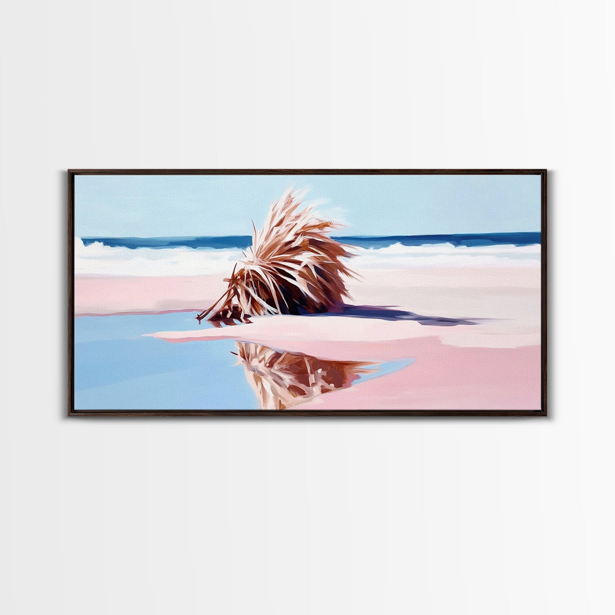 Driftwood on the Shore, Coastal Nature Print, Beach House Decor, Boho Seaside Art, Minimalist Ocean Photography, Bedroom Framed Canvas Print