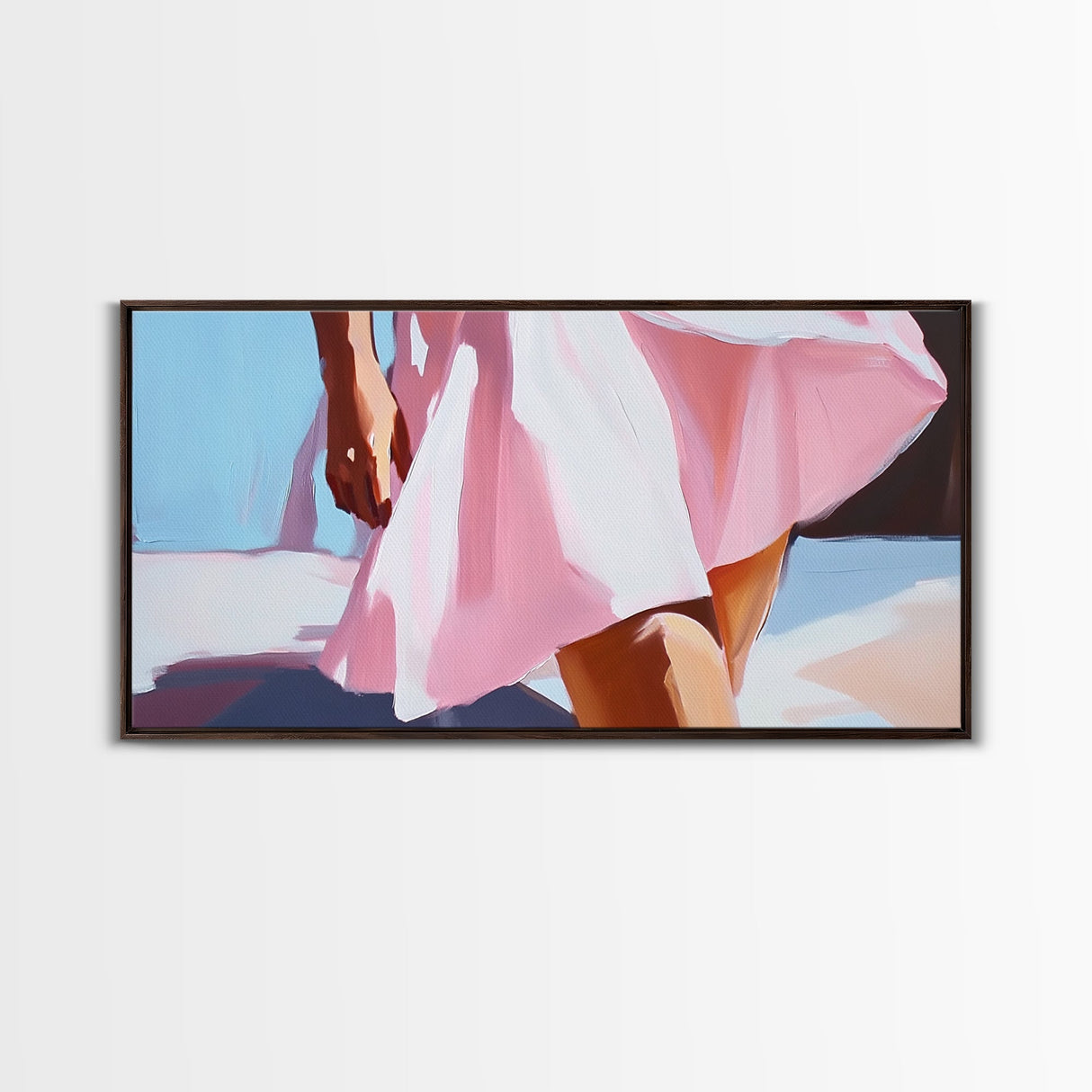 Flowing Summer Dress, Feminine Boho Art, Elegant Beach Print, Fashion Aesthetic Decor, Soft Pastel Painting, Bedroom Framed Canvas Print