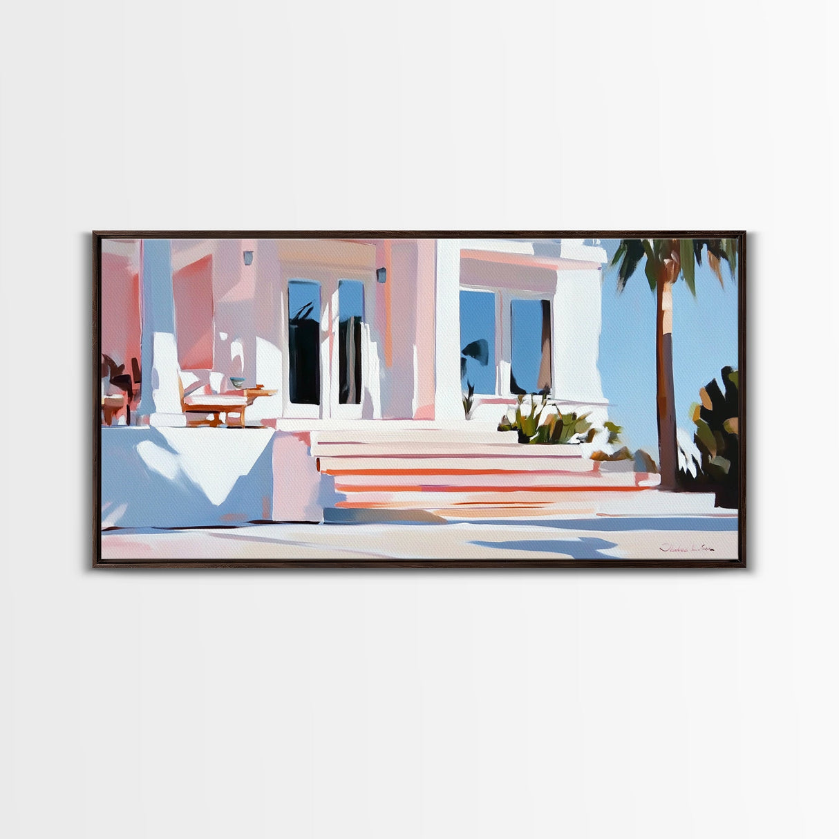 Palm Villa, Tropical House, Beach Home, Coastal Living, Pink Wall Art, Modern Architecture, Vacation House, Minimalist, Canvas Print