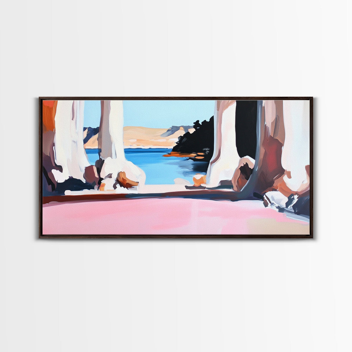 Tranquil Waters, Cliffside View, Serene Seascape, Framed Canvas Print, Coastal Wall Art, Boho Decor, Office Wall Art, Abstract Landscape