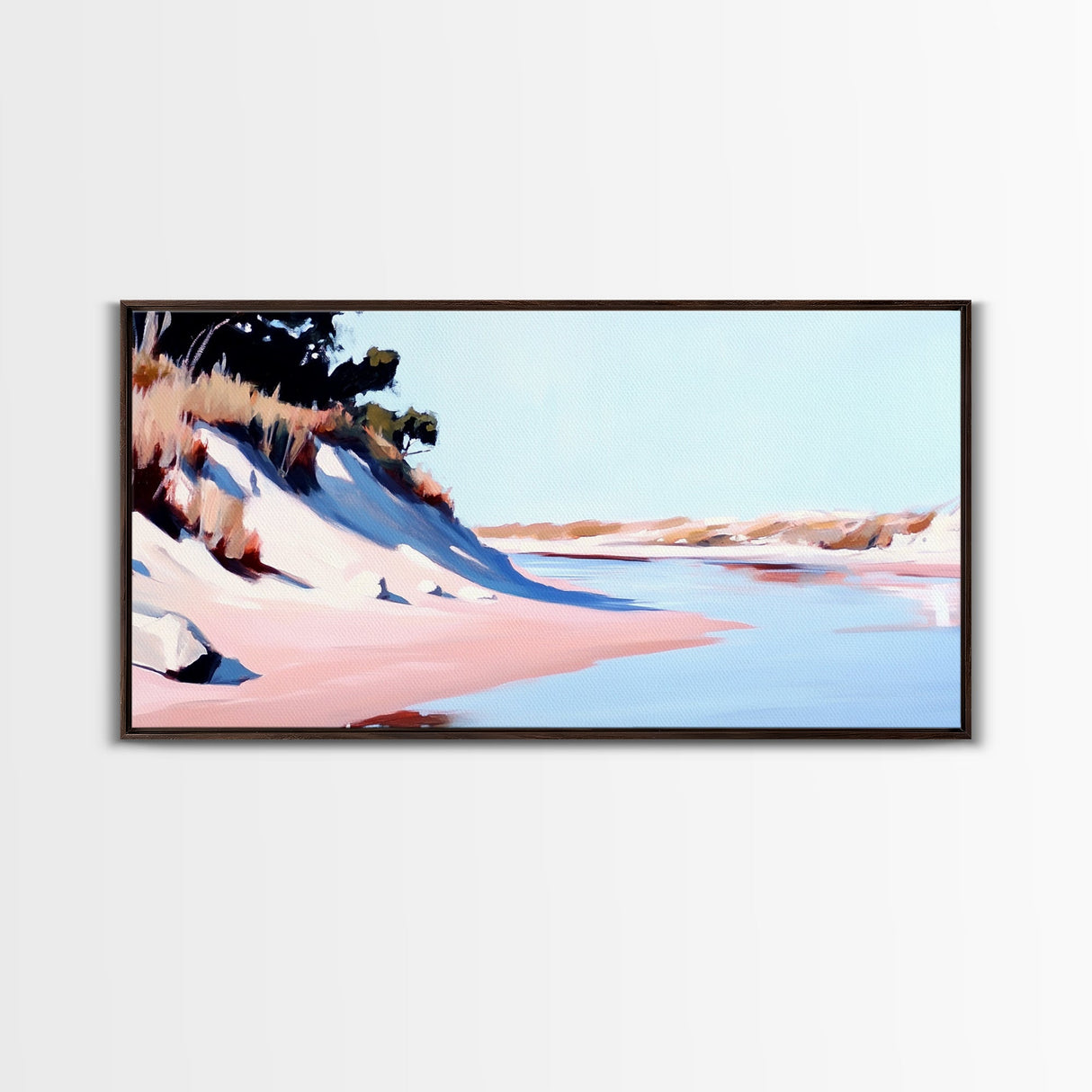 Sandy Riverbank, Minimalist Nature Art, Soft Pastel Landscape, Warm Earthy Print, Rustic Home Decor, Boho Wall Art, Framed Canvas Print