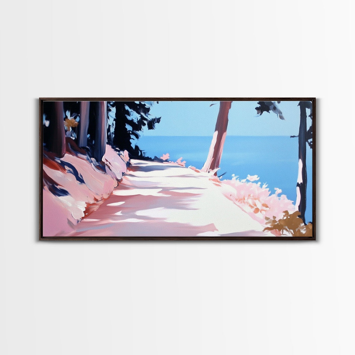 Sunlit Pathway, Serene Nature Art, Forest Trail Print, Pink Blue Landscape, Scenic Wall Decor, Calm Aesthetic Home, Framed Canvas Print