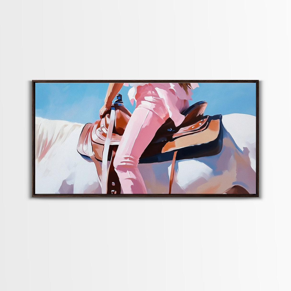 Western Rider, Cowgirl Art, Equestrian Wall Decor, Rustic Country Aesthetic, Pink and White Painting, Ranch Home Decor, Framed Canvas Print