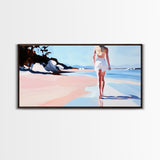 Walking Beach, Ocean View, Coastal Serenity, Tranquil Scene, Framed Canvas Print, Minimalist Decor, Boho Art, Bedroom Wall Art