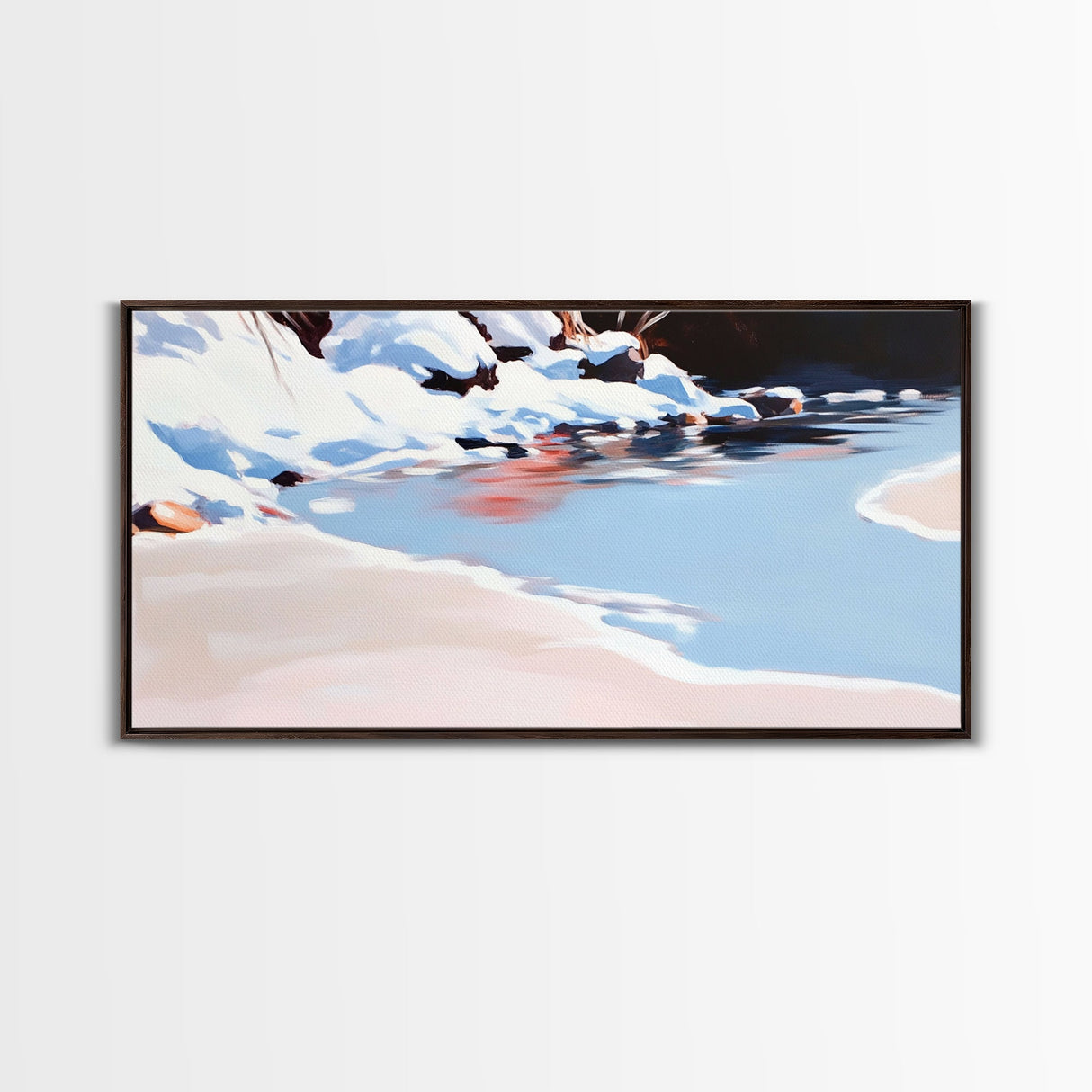 Winter River Scene, Snowy Landscape, Blue Wall Art, Modern Framed Canvas Print, Living Room Decor, Minimalist Nature Painting