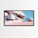 Rocky Beach Scene, Coastal Landscape, Modern Nature Art, Relaxing Seaside View, Framed Canvas Print, Ocean Wall Decor