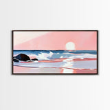 Sunset Beach, Ocean Waves, Framed Canvas Print, Coastal Wall Art, Pink Sky Painting, Living Room Decor, Tropical Seascape