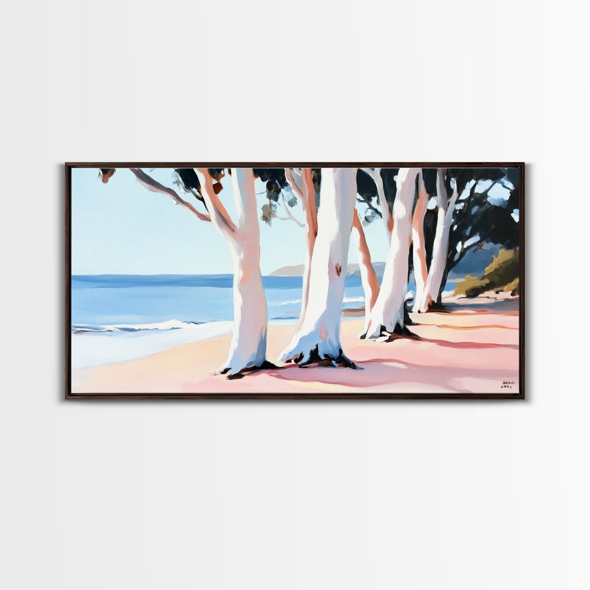 Eucalyptus Grove, Coastal Path, Sunlit Trees, Relaxing Beach Scene, Natural Beauty, Soft Pastel Tones, Modern Home, Canvas Print