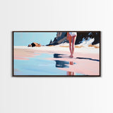 Woman, Reflection, Shoreline, Framed Canvas Print, Feminine Art, Modern Minimalist, Relaxing Home Decor, Pastel Coastal Painting