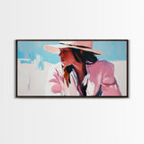 Woman, Sun Hat, Beach, Framed Canvas Print, Fashion Art, Minimalist Style, Boho Home Decor, Coastal Chic, Pastel Summer Painting