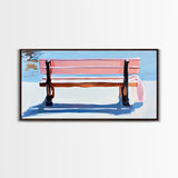 Park Bench, Peaceful Moment, Minimalist Art, Living Room Wall Art, Pastel Landscape, Framed Canvas Print, Impressionist Style, Soft Blue Pink