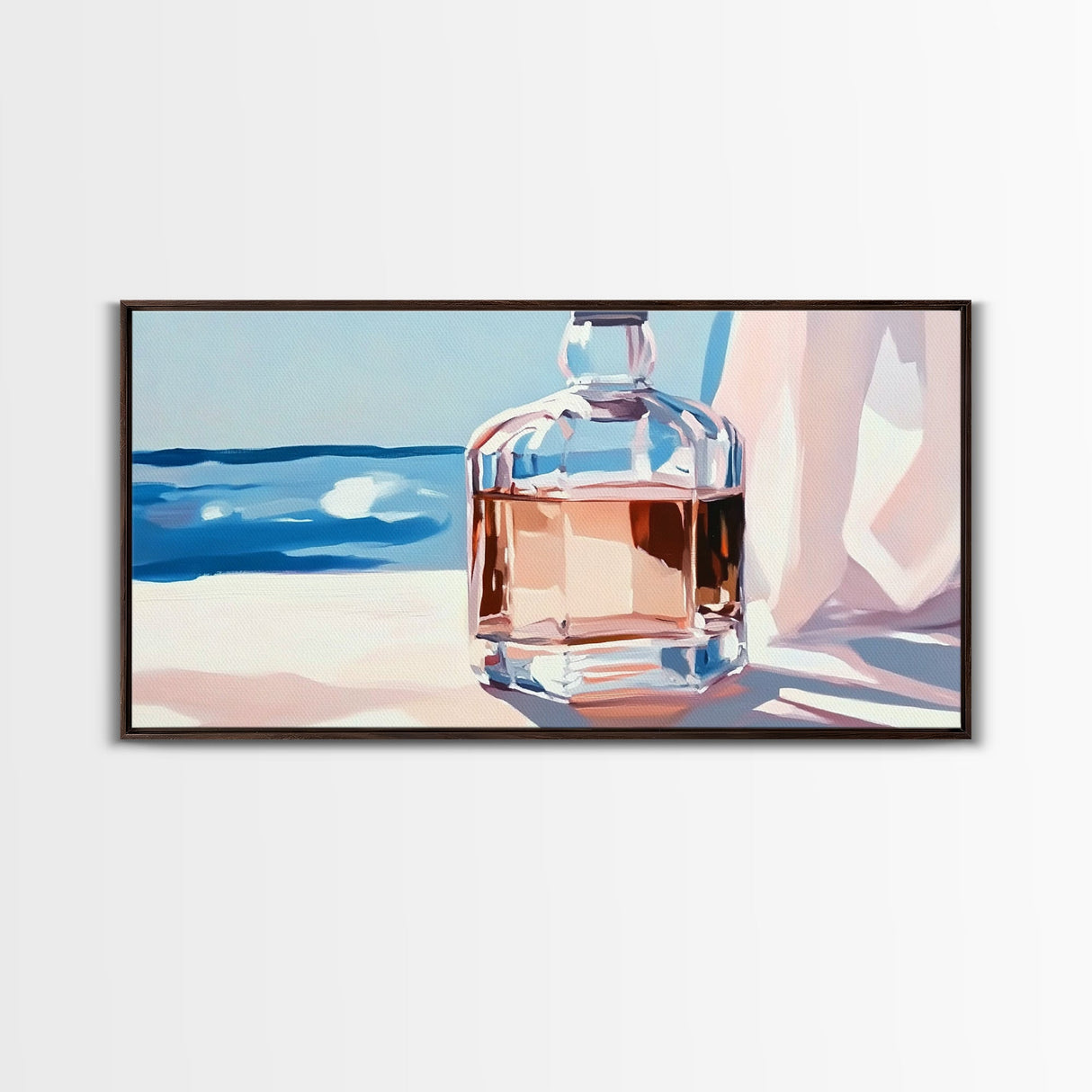 Glass Bottle, Ocean View, Beach House Decor, Coastal Aesthetic, Elegant Still Life, Framed Canvas Print, Pastel Home Decor, Tranquil Art