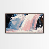 Waterfall Scene, Nature Wall Art, Serene Landscape Art, Modern Minimalist Print, Blue and Pink Tones, Framed Canvas Print, Living Room Art