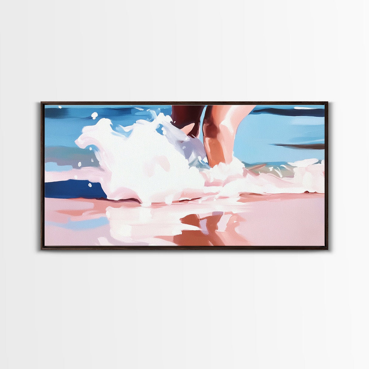 Ocean Waves, Coastal Beach Art, Water Splash Photography, Summer Boho Print, Blue and Pink Pastel Tones, Framed Canvas Print, Bathroom Art