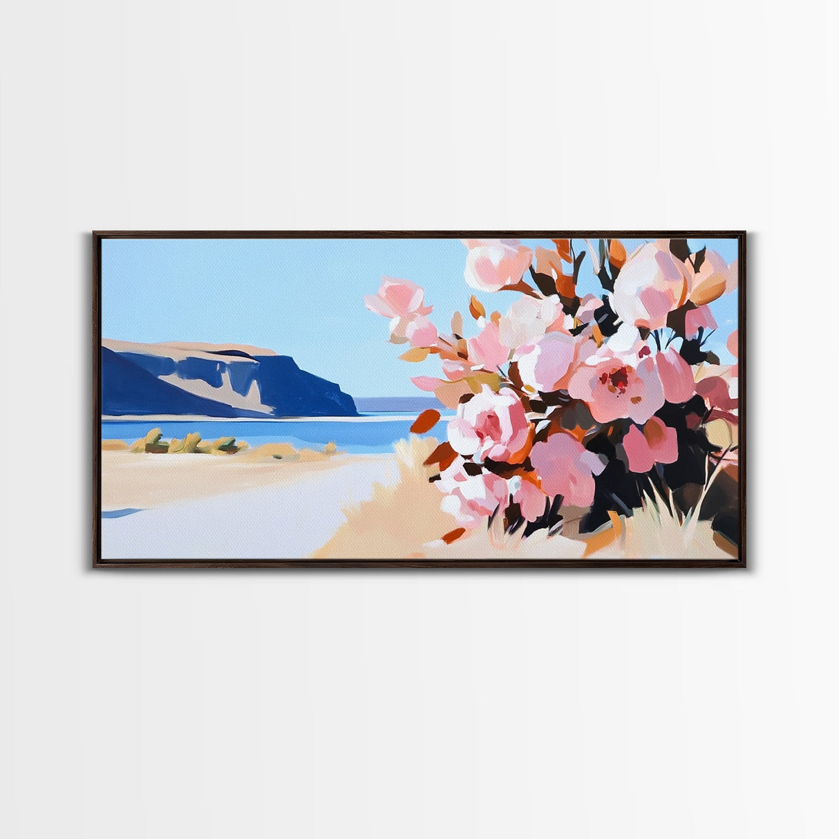 Coastal Flowers, Blue Ocean, Beach Aesthetic, Vibrant Nature Art, Boho Wall Decor, Bedroom Art, Pink Floral Scene, Canvas Print