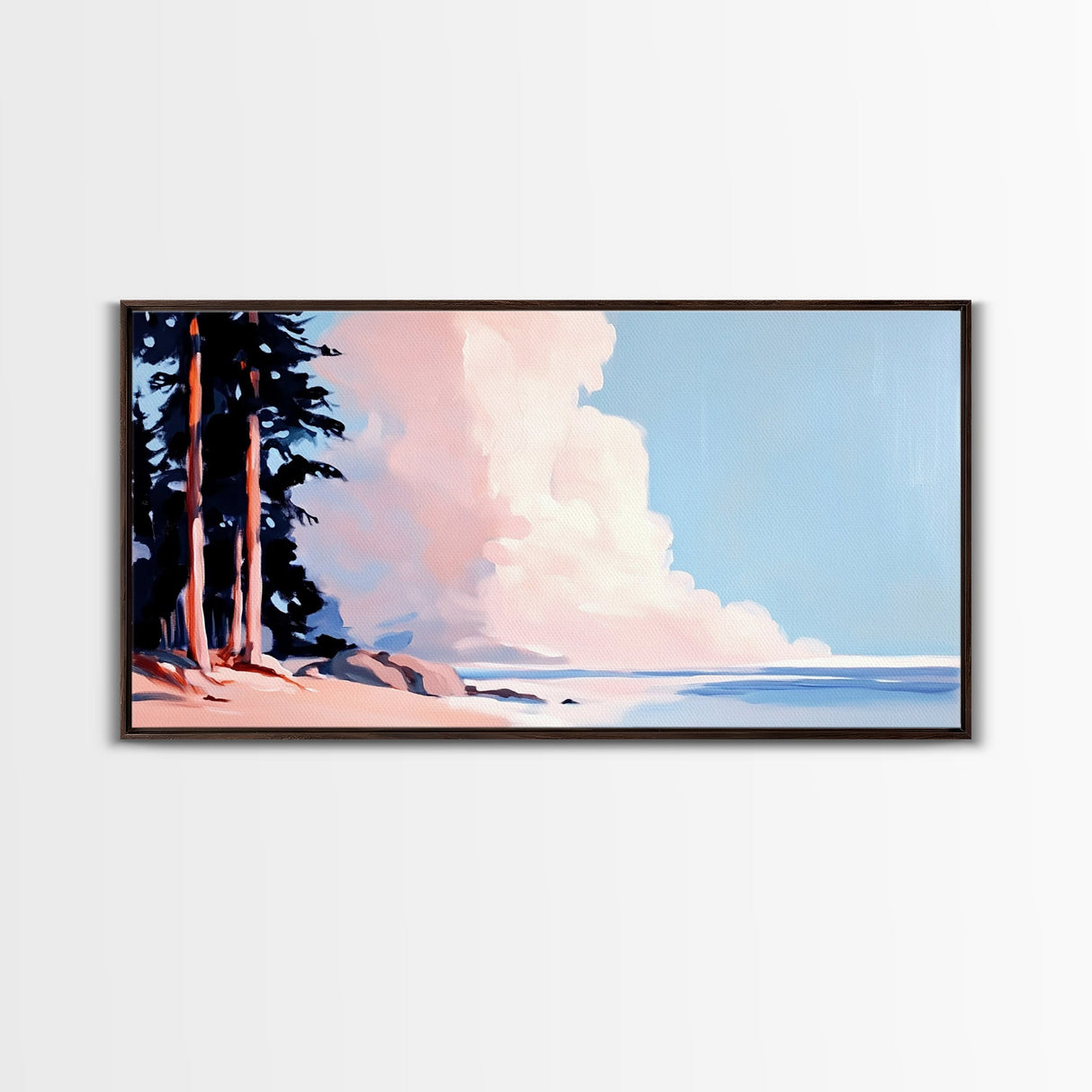 Seaside Pines, Coastal View, Tranquil Landscape, Canvas Print, Nature Wall Art, Beach House Decor, Living Room Art, Blue Minimalist Art