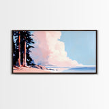 Seaside Pines, Coastal View, Tranquil Landscape, Canvas Print, Nature Wall Art, Beach House Decor, Living Room Art, Blue Minimalist Art