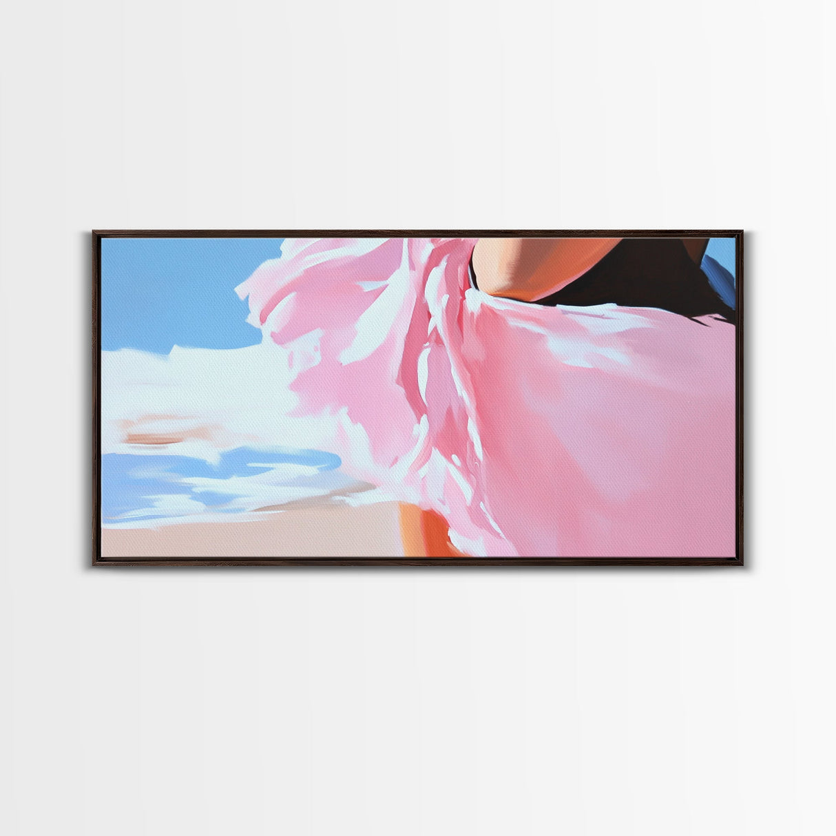 Flowing Dress, Beach Wind, Feminine Elegance, Fashion Wall Art, Framed Canvas Print, Ocean Breeze, Modern Home Decor, Soft Pink Aesthetic