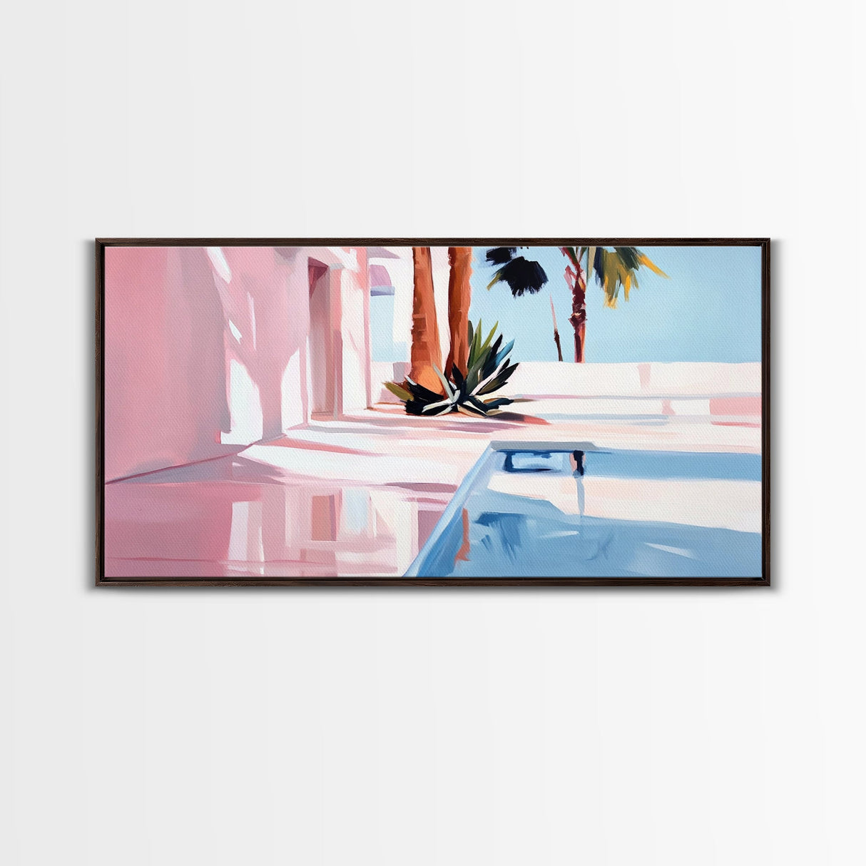 Pink Villa, Poolside View, Tropical Retreat, Canvas Print, Mediterranean Art, Vacation Home Decor, Palm Tree Wall Art, Resort Aesthetic