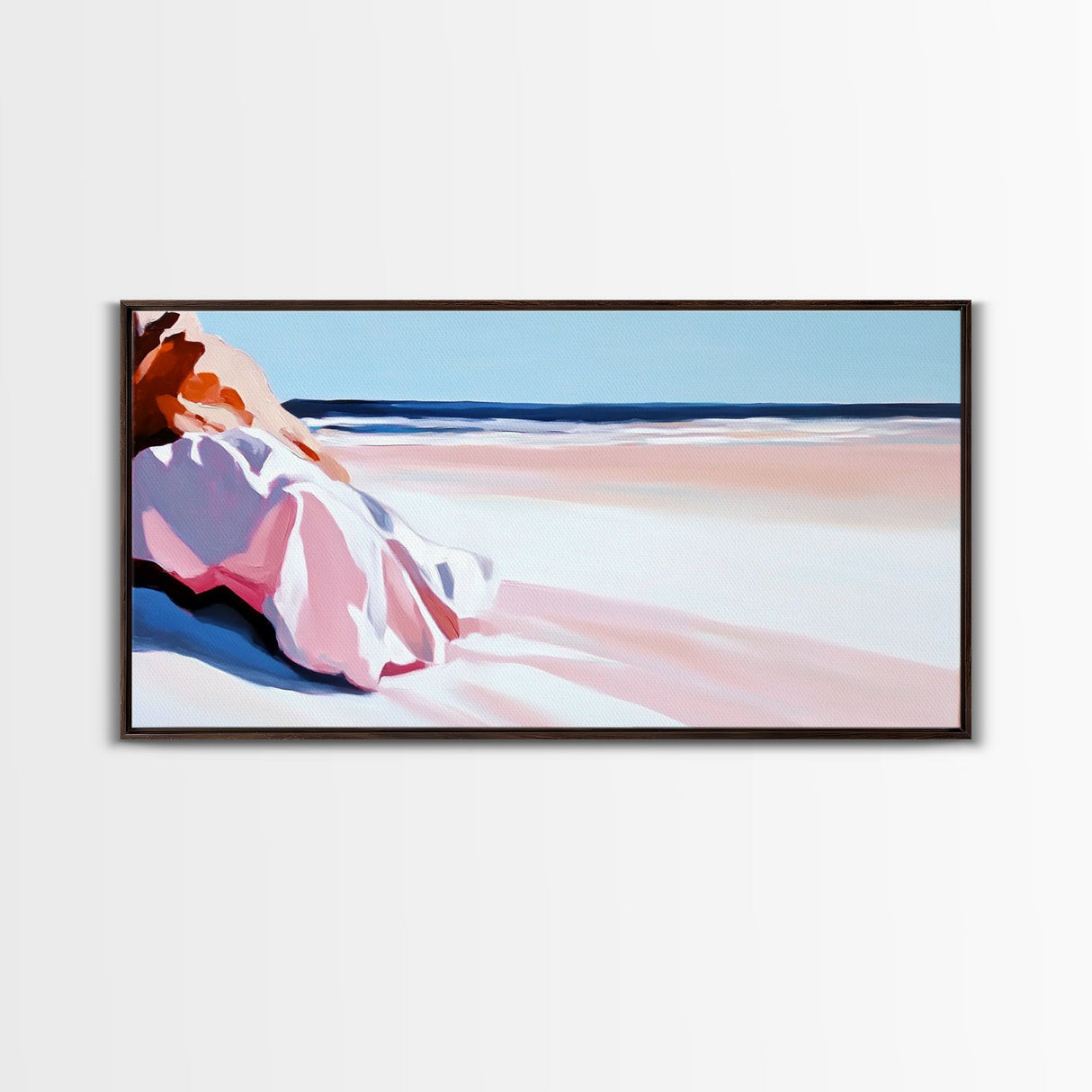 Woman in Pink, Beachside Relaxation, Canvas Print, Summer Aesthetic, Feminine Wall Art, Minimalist Seascape, Pastel Color Palette