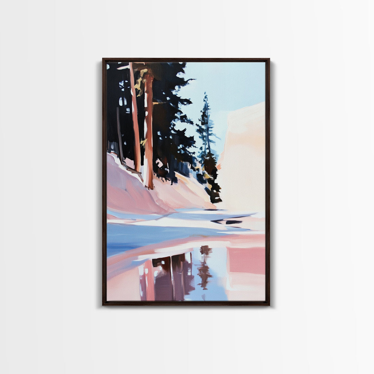 Snowy Pines, Winter Wonderland, Forest Reflection, Canvas Print, Cozy Cabin Decor, Christmas Wall Art, Minimalist Landscape Painting