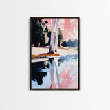 Water, Trees, Pink, Reflection, Framed Canvas Print, Dreamy Nature Artwork, Modern Home Decor, Bedroom Wall Art, Relaxing Lake Scene
