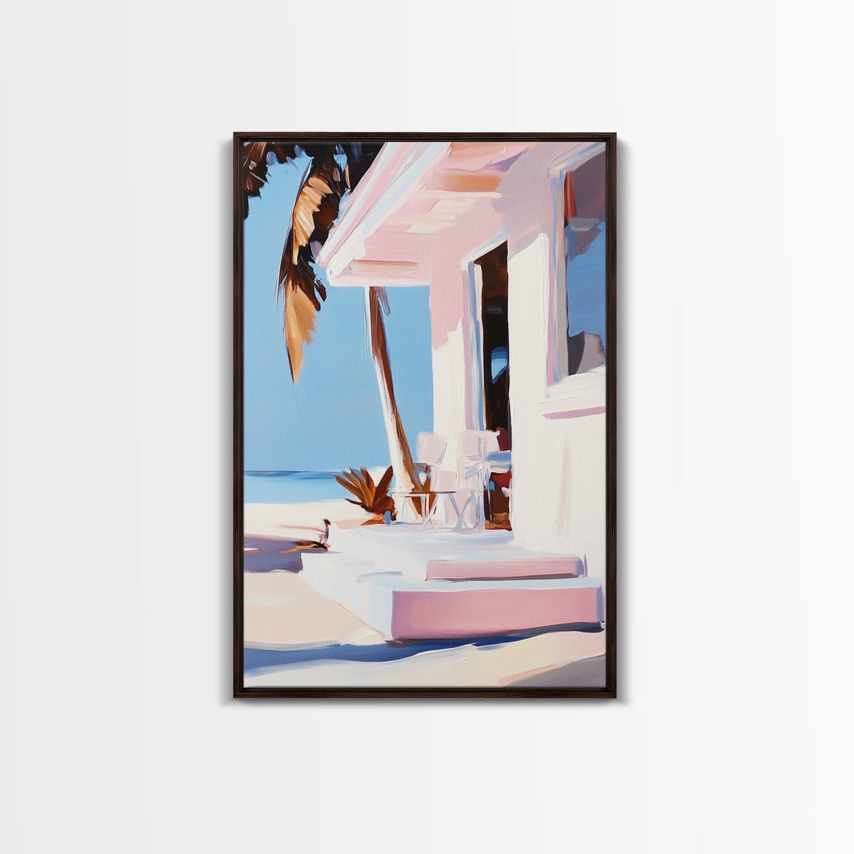 Tropical House, Palm Trees, Beach Art, Modern Coastal, Framed Canvas Print, Relaxing Home Decor, Minimalist Aesthetic, Summer Escape