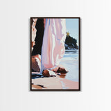 Seaside Cliffs, Coastal Abstract, Modern Beach Art, Ocean Painting, Minimalist Seascape, Blue and Pink Decor, Framed Canvas Print