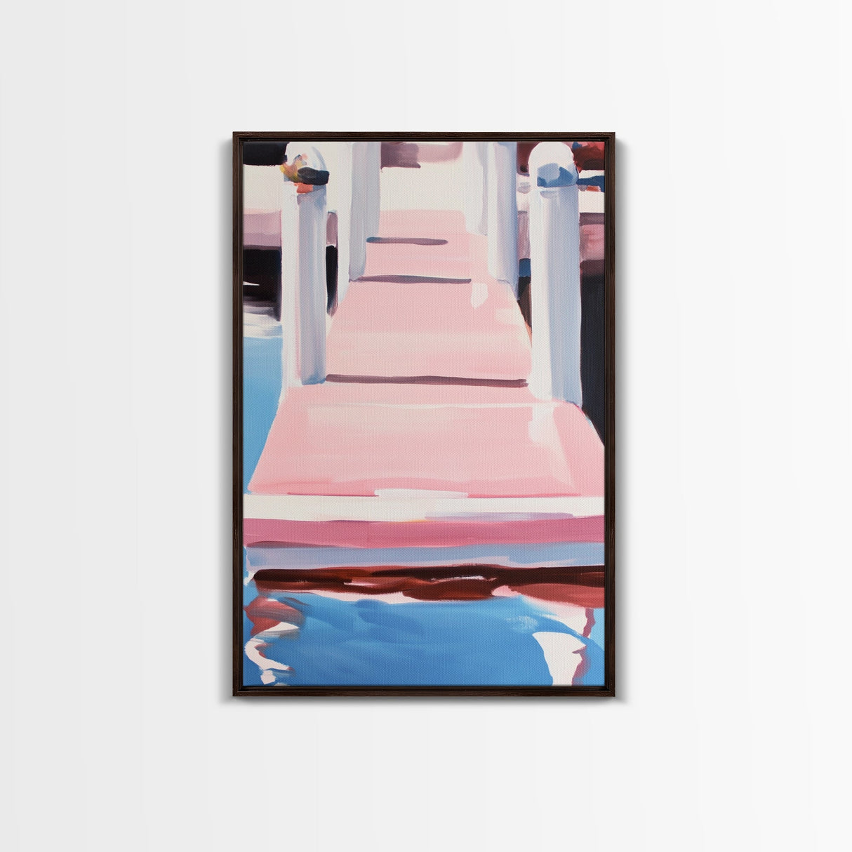 Pink Dock, Coastal Home Art, Framed Canvas Print, Nautical Wall Decor, Modern Seaside Painting, Pastel Summer Aesthetic, Beach House Art