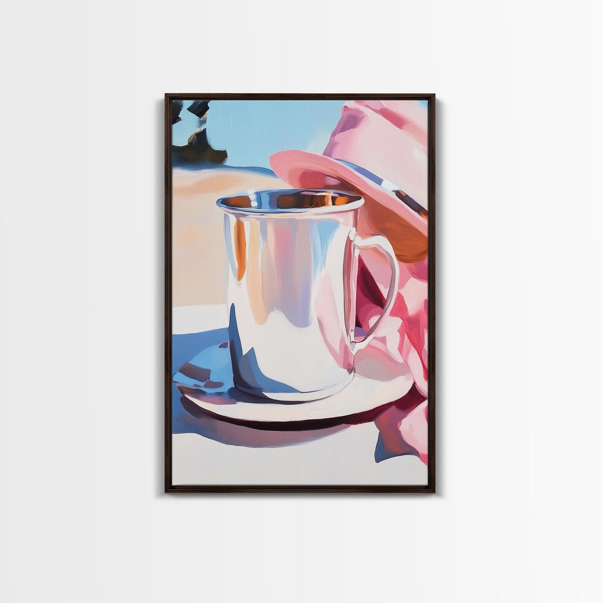 Silver Cup and Hat, Elegant Still Life, Minimalist Kitchen Decor, Soft Pastel, Modern Aesthetic, Canvas Print, Framed Canvas Print