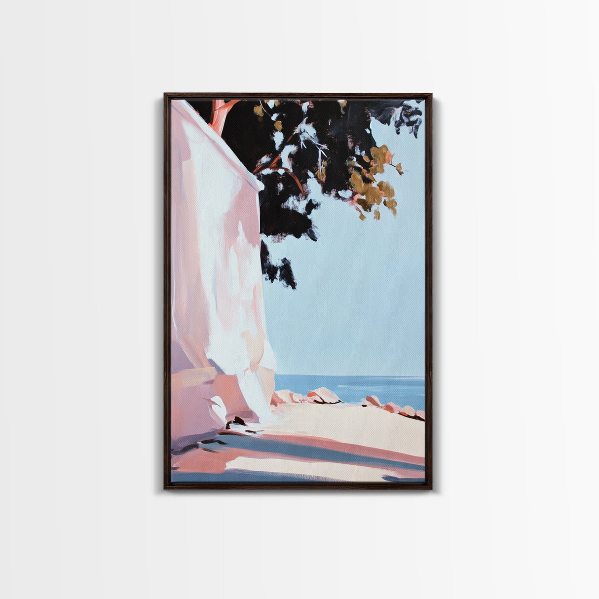 Seaside Shade, Coastal Rock Art, Oceanfront Painting, Framed Canvas Print, Minimalist Beach Decor, Tranquil Landscape Wall Art