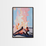 Sunset Flames, Campfire Glow, Coastal Night, Framed Canvas Print, Cozy Warmth, Rustic Outdoor Art, Fall Wall Decor, Cabin Aesthetic
