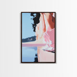Lakeside Reflection, Calm Water Art, Serene Landscape, Pink and Blue Painting, Boho Minimalist Decor, Framed Canvas Print, Gift Idea