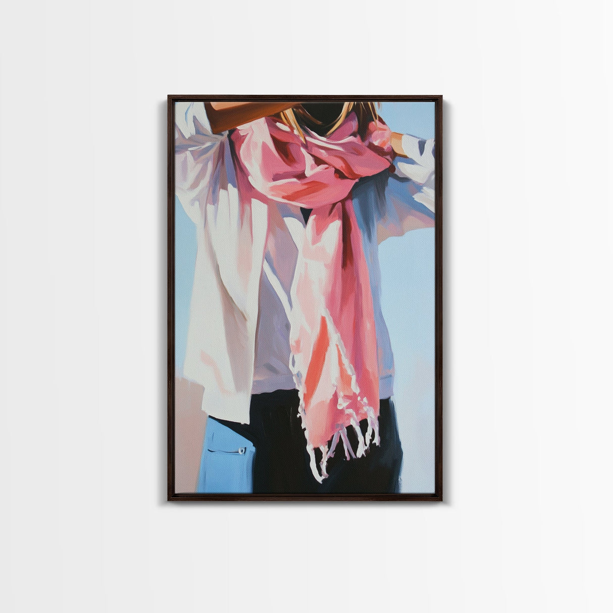 Pink Scarf, Fashion Illustration, Cozy Autumn Art, Feminine Style, Framed Canvas Print, Modern Wall Art, Soft Aesthetic, Unique Gift