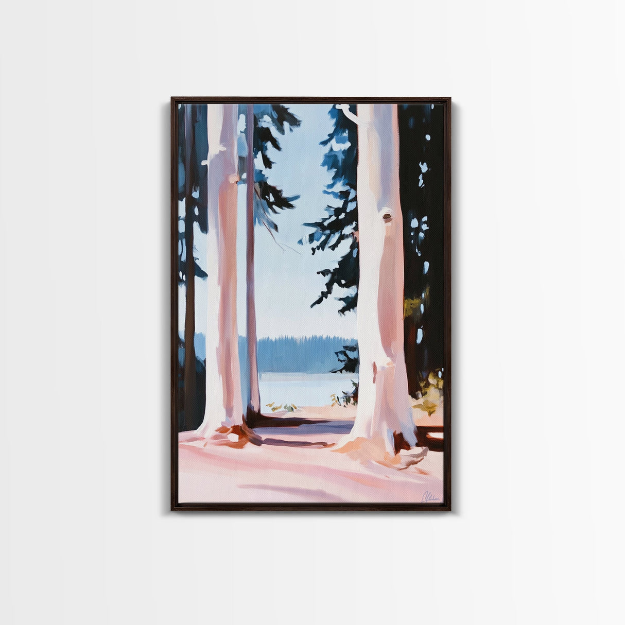 Forest Lake Scene, Tranquil Nature Painting, Minimalist Woodland Print, Blue and Pink Aesthetic, Framed Canvas Print, Bedroom Wall Art
