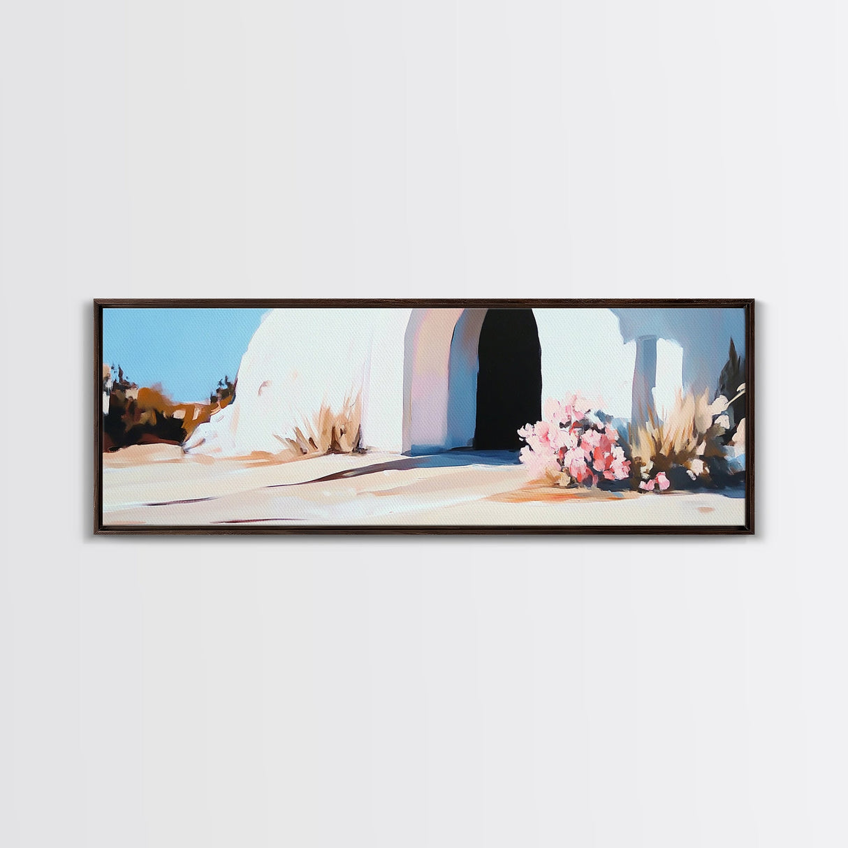 White House, Black Doorway, Blooming Flowers, Framed Canvas Print, Mediterranean Wall Art, Minimalist Architecture, Neutral Decor