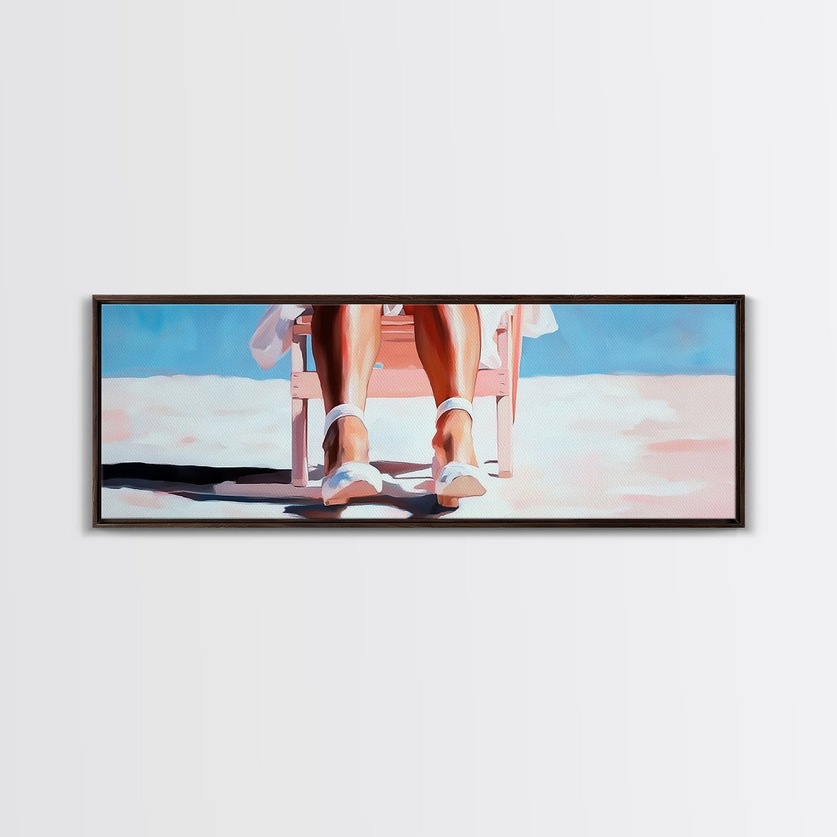 Woman Relaxing, Beach Chair Art, Coastal Summer Scene, Framed Canvas Print, Minimalist Boho Decor, Serene Seaside Home Artwork