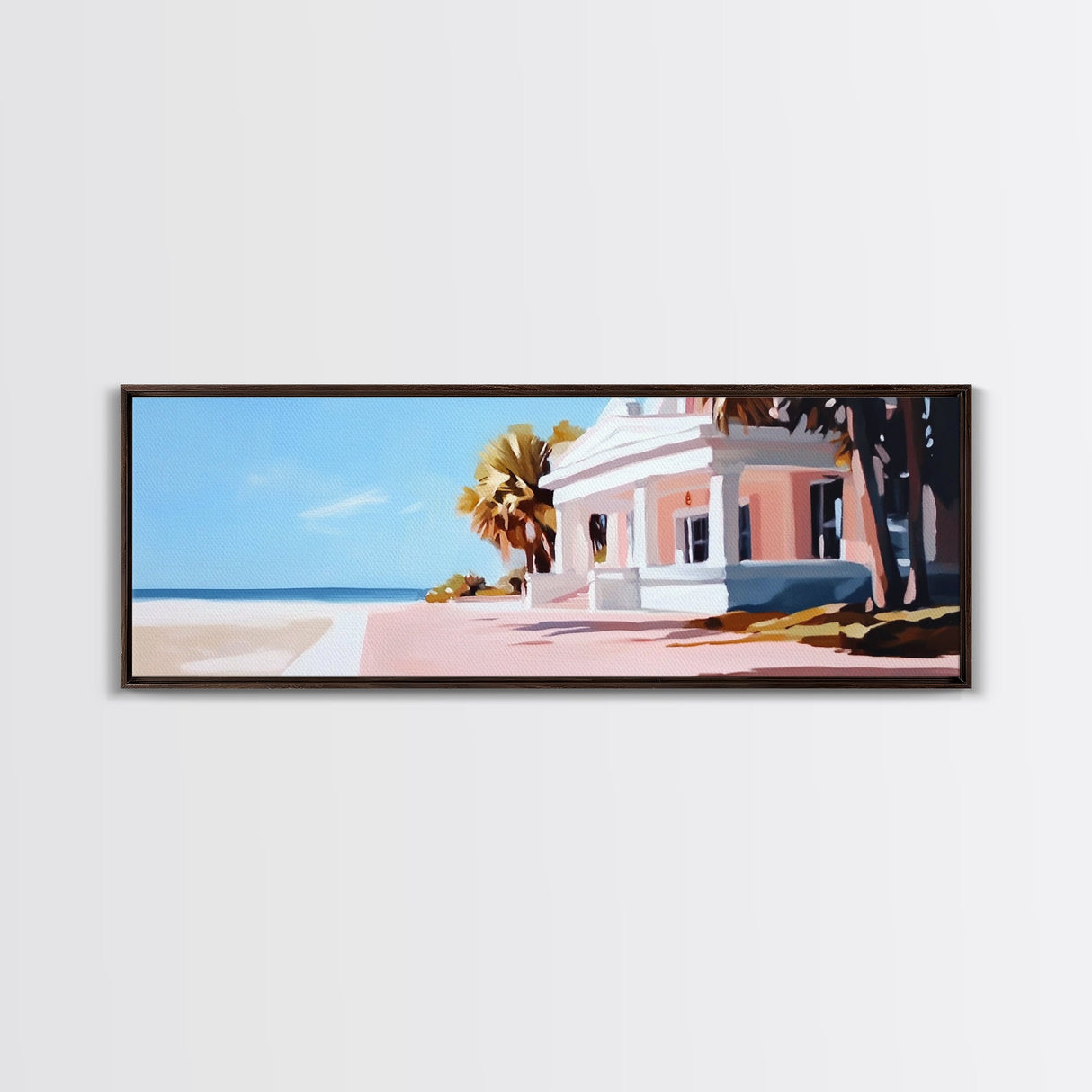 Beach House, Coastal Art, Modern Seascape, Framed Canvas Print, Living Room Wall Art, Pastel Ocean, Minimalist Decor, Nautical Home