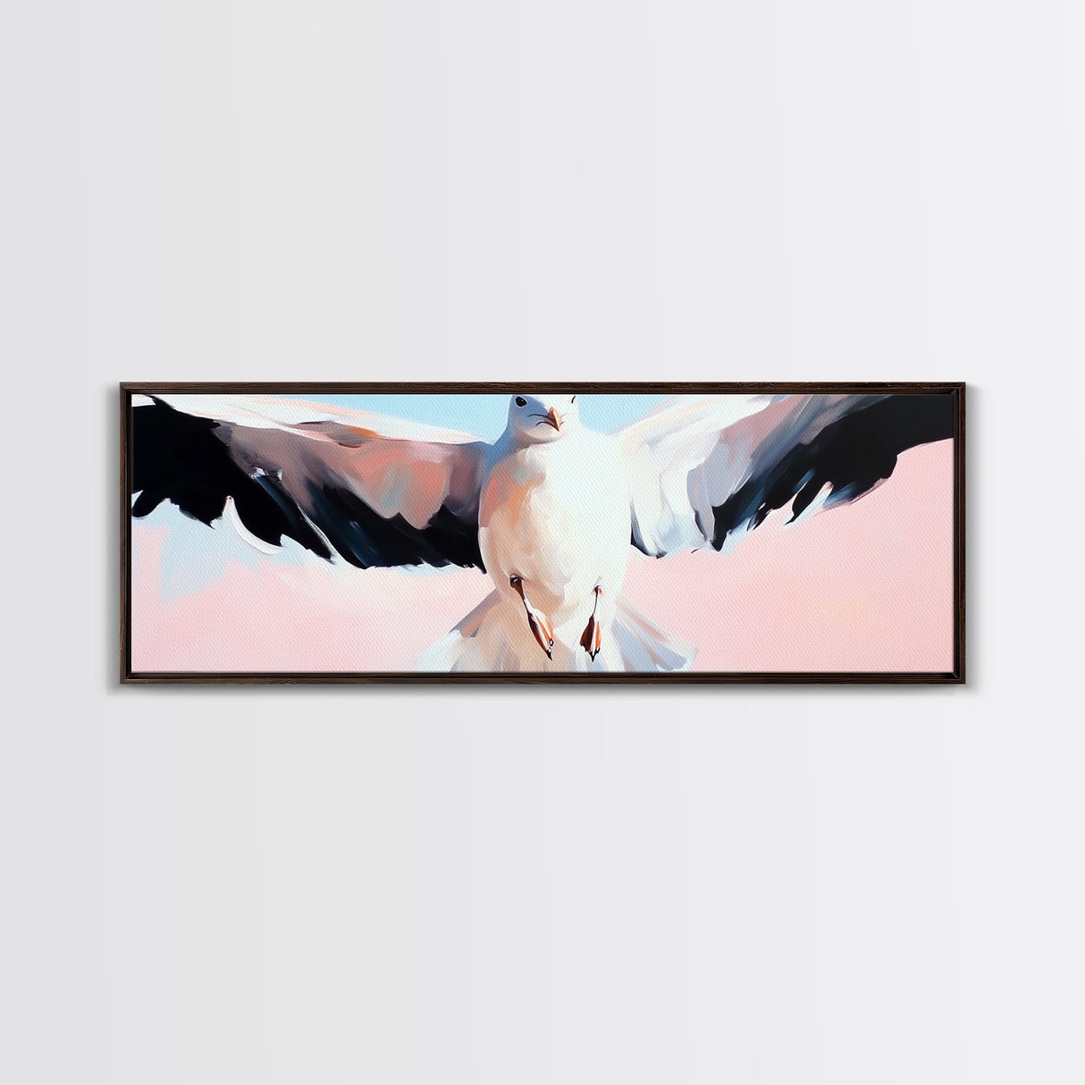 Flying Seagull, Coastal Bird, Ocean Breeze, Nautical Theme, Minimalist Art, Framed Canvas Print, Beach House Wall Art, Seaside Decor