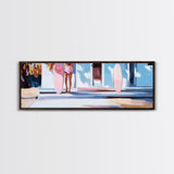 Surfer Girl, Pink Surfboard, Coastal Lifestyle, Beach House, Framed Canvas Print, Tropical Wall Art, Boho Home Decor, Gift Idea