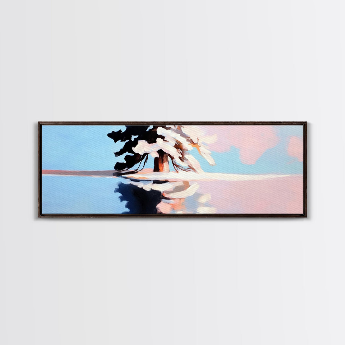 Winter Tree Reflection, Snowy Landscape Print, Serene Nature Art, Pastel Painting, Large Canvas Print, Minimalist Home Decor, Office Art
