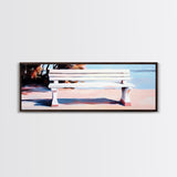 White Bench, Beach Art, Coastal Wall Decor, Minimalist Painting, Serene Landscape, Relaxing Art, Living Room, Canvas Print