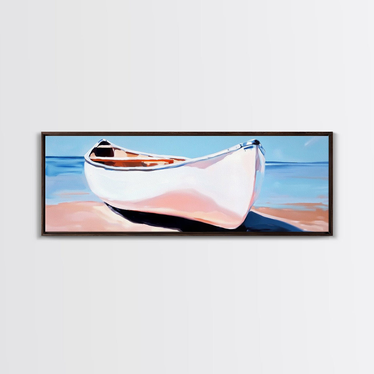 White Canoe, Coastal Wall Art, Seaside Aesthetic, Framed Canvas Print, Minimalist Boat Painting, Nautical Beach House Art, Ocean Decor